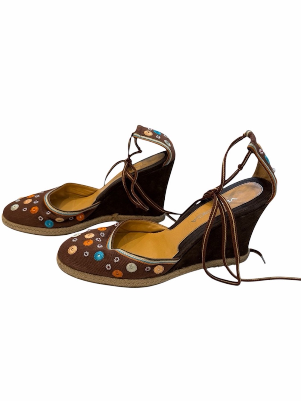 Via Spiga Brown Embroidered Lace-Up Wedge Espadrille Heels Women’s Size 10M